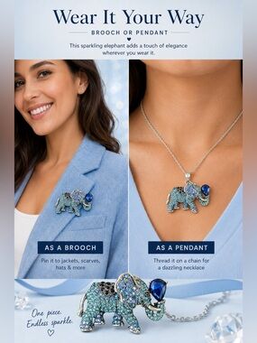 Sparkling Elephant Brooch & Pendant – Aqua, Sapphire & AB Crystals